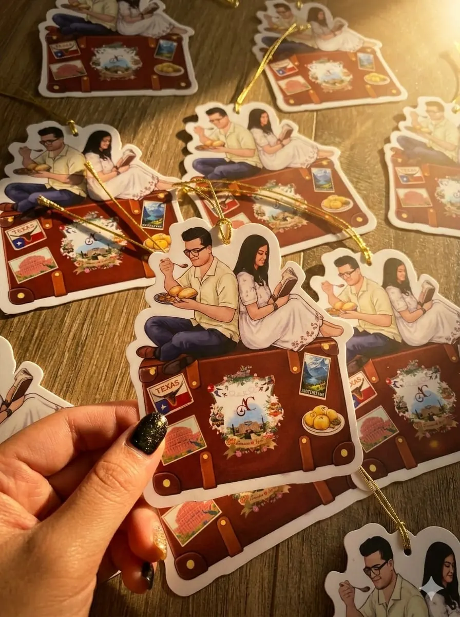 Hand-illustrated couple caricature luggage tags for Indian destination weddings