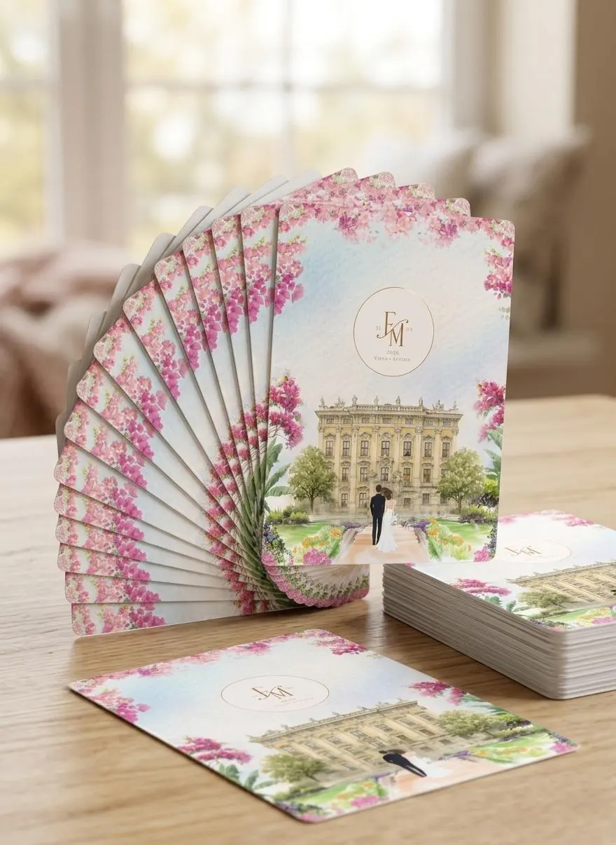 Luxury custom wedding fan invitation card, hand-illustrated and foil-finished by StationeryWalaa