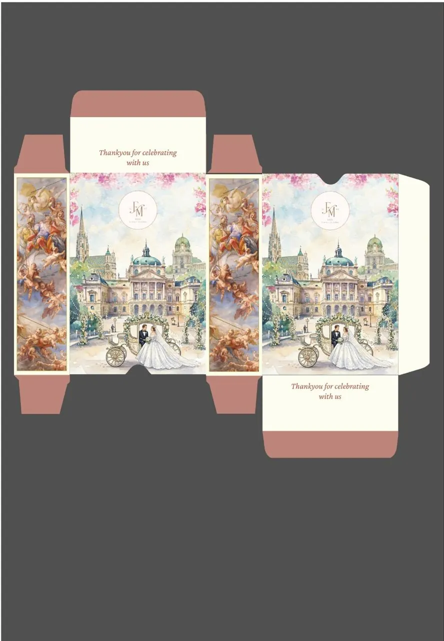 Bespoke wedding invitation box with carriage illustration and coordinated inserts by StationeryWalaa