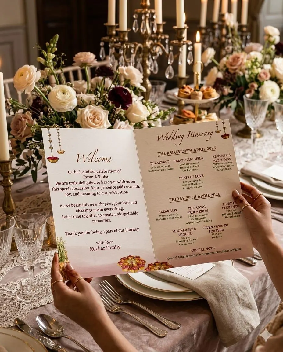 Welcome and itinerary card guiding guests through a destination wedding, by StationeryWalaa